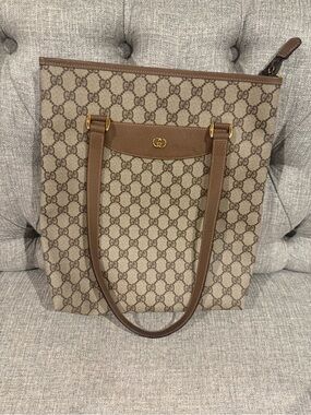 Gucci Beige GG Supreme Canvas Tote with Brown Leather Trim with COA